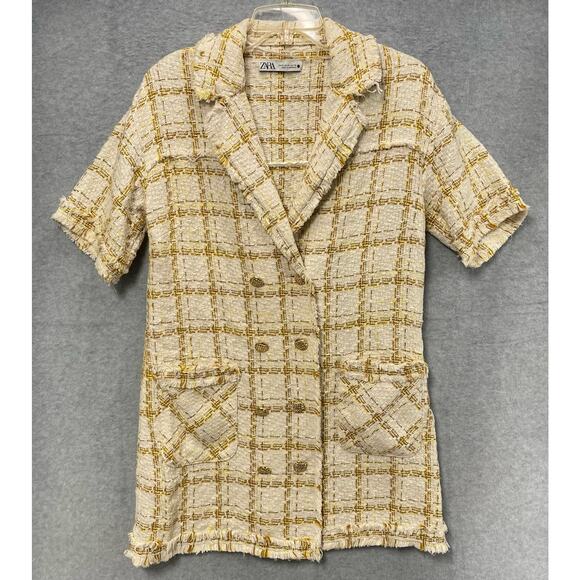 Zara Yellow Tweed Double Breasted Plaid Blazer Dress Size Medium - Picture 2 of 5